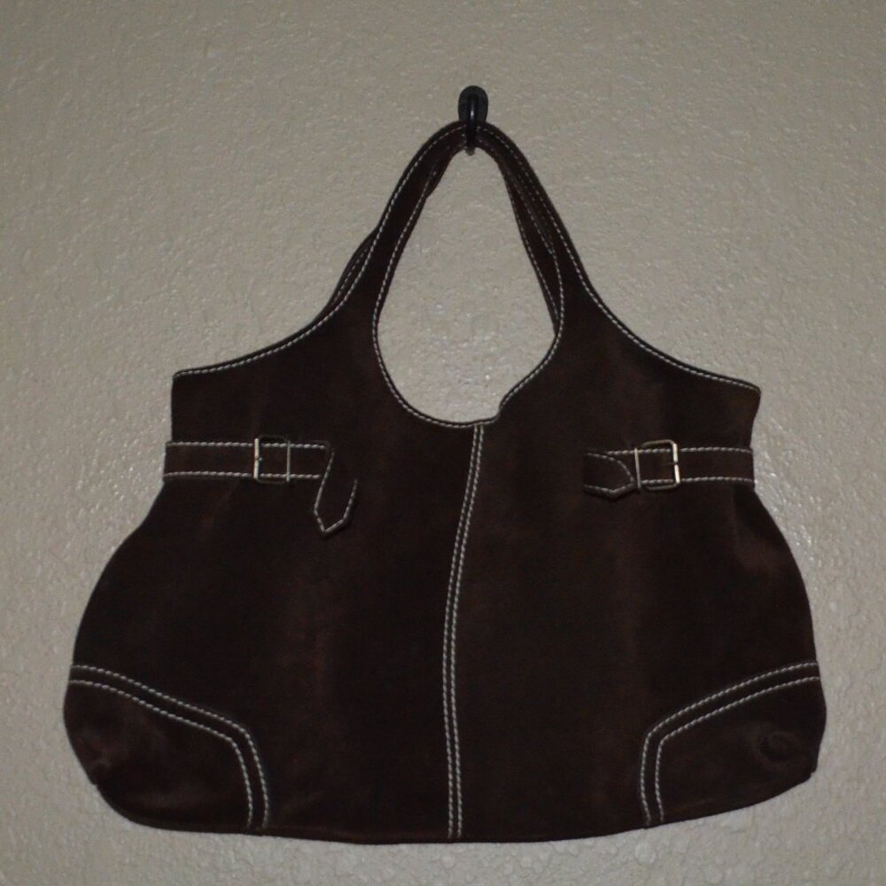 Ursula Beaugeste Dark Brown Suede Double Handle Tote Shoulder Handbag
